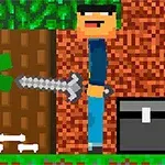 Nhân vật pixel đang chiến đấu với một sinh vật xanh bên cạnh một cái cây và một chiếc rương