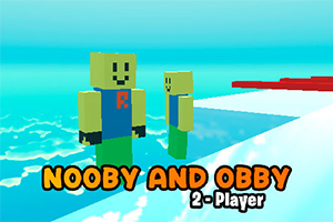 Hai nhân vật hoạt hình kiểu khối lập phương đứng trên nền xanh với chữ Nooby and Obby 2-Player