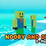 Hai nhân vật hoạt hình kiểu khối lập phương đứng trên nền xanh với chữ Nooby and Obby 2-Player