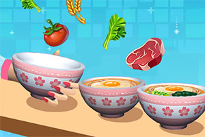 Hình ảnh có ba bát mì với hoa văn hồng, một tay cầm bát và một số thành phần như cà chua, rau cải và thịt bò ở trên nền xanh lam