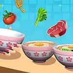 Hình ảnh có ba bát mì với hoa văn hồng, một tay cầm bát và một số thành phần như cà chua, rau cải và thịt bò ở trên nền xanh lam
