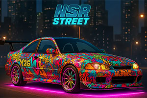 Xe hơi thể thao với thiết kế đồ họa sặc sỡ, đứng dưới ánh đèn neon hồng, nền là thành phố về đêm