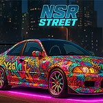 Xe hơi thể thao với thiết kế đồ họa sặc sỡ, đứng dưới ánh đèn neon hồng, nền là thành phố về đêm