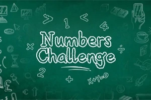 Hình ảnh nền bảng xanh với dòng chữ Numbers Challenge ở giữa, xung quanh là các biểu tượng và con số viết phấn trắng