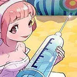 Cô gái tóc hồng, mặc đồ y tá, cầm một ống tiêm lớn trong tay