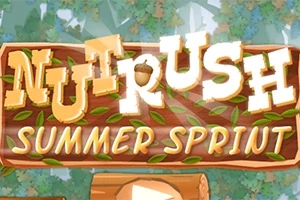 Dòng chữ Nut Rush Summer Sprint xuất hiện trên một nền gỗ với họa tiết lá xanh