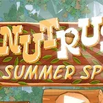 Dòng chữ Nut Rush Summer Sprint xuất hiện trên một nền gỗ với họa tiết lá xanh