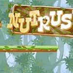 Một con sóc đang chạy trên cành cây với một quả hạt và bảng hiệu lớn có chữ NUT RUSH ở phía sau