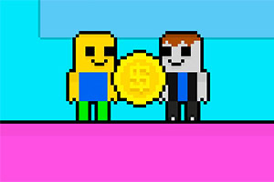 Hai nhân vật phong cách pixel đang đứng trên nền hồng, cầm một đồng xu vàng lớn có ký hiệu đô la ở giữa