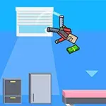 Nhân vật hoạt hình vuông vức đang bay qua phòng có tường màu xanh, giường, tủ, và nắm giữ một đống tiền