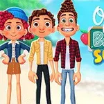 Ba nhân vật hoạt hình vui vẻ đứng trước biển với nền chữ Ocean Kids Back to School