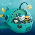 Ba nhân vật hoạt hình trong tàu ngầm màu xanh dưới nước