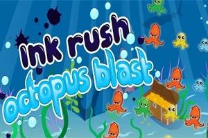 Các con bạch tuộc nhiều màu sắc bơi xung quanh một ngôi nhà dưới đáy biển, với chữ Ink Rush Octopus Blast nổi bật trên nền xanh