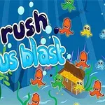 Các con bạch tuộc nhiều màu sắc bơi xung quanh một ngôi nhà dưới đáy biển, với chữ Ink Rush Octopus Blast nổi bật trên nền xanh