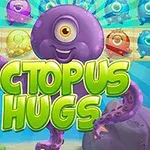 Một con bạch tuộc màu tím với một mắt đứng phía sau dòng chữ Octopus Hugs màu xanh lá, với nhiều sinh vật biển nhỏ đầy màu sắc ở phía trên