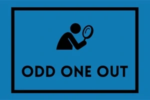 Người cầm kính lúp với dòng chữ ODD ONE OUT trên nền xanh