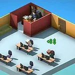 Căn phòng văn phòng nhỏ với bàn làm việc và máy tính, có một người ngồi ở bàn riêng biệt trong một không gian được ngăn cách