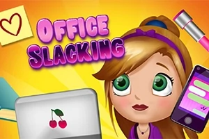 Cô gái với đôi mắt to và tóc vàng, bên cạnh là laptop và điện thoại, cùng tiêu đề Office Slacking