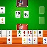 Bàn cờ với các quân bài số màu sắc khác nhau trên nền xanh lá, cùng với ba nhân vật hoạt hình ở ba góc