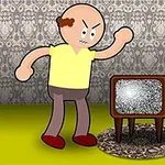 Người đàn ông hoạt hình tức giận đứng trước một chiếc tivi cổ điển có màn hình nhiễu, nền là tường có họa tiết hoa và bức tranh nổi tiếng