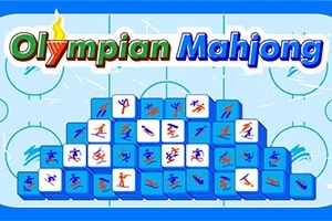Tiêu đề Olympian Mahjong với các khối màu xanh lam xếp thành hình kim tự tháp có các biểu tượng vận động viên thể thao trên nền xanh