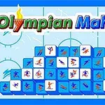 Tiêu đề Olympian Mahjong với các khối màu xanh lam xếp thành hình kim tự tháp có các biểu tượng vận động viên thể thao trên nền xanh