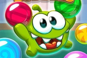 Nhân vật hoạt hình màu xanh lá cây với đôi mắt to và nụ cười tươi, xung quanh là các bong bóng nhiều màu sắc