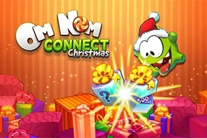 Một sinh vật màu xanh đội mũ ông già Noel, xung quanh là các hộp quà nhiều màu sắc và dòng chữ Om Nom Connect Christmas nổi bật