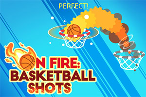 Bóng rổ bốc lửa đang bay vào rổ với khói và lửa, trên nền xanh kèm dòng chữ On Fire: Basketball Shots