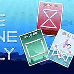 Hình ảnh có nền xanh biển với dòng chữ ONE LINE ONLY và ba thẻ bài chứa các hình vẽ được kết nối bởi các chấm màu tím