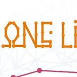 Chữ ONE LINE được tạo thành từ các chấm màu cam nối nhau, với nền là các đường nối chấm màu hồng