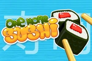 Hình ảnh có chữ màu cam SUSHI với hai miếng sushi cuộn và đôi đũa trên nền xanh