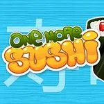 Hình ảnh có chữ màu cam SUSHI với hai miếng sushi cuộn và đôi đũa trên nền xanh