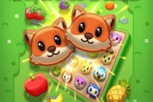 Hai nhân vật cáo hoạt hình với nền là bảng trò chơi gồm các khuôn mặt động vật khác nhau và trái cây