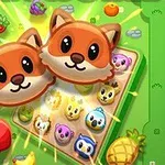 Hai nhân vật cáo hoạt hình với nền là bảng trò chơi gồm các khuôn mặt động vật khác nhau và trái cây
