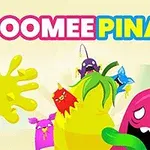 Các sinh vật hoạt hình đầy màu sắc vui nhộn với một quả bóng piñata màu vàng ở trung tâm và chữ OOMEE PINATA phía trên