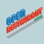 Chữ Open Restaurant Begin với phong cách chữ 3D màu đỏ, xanh dương và xanh lá trên nền màu xanh nhạt