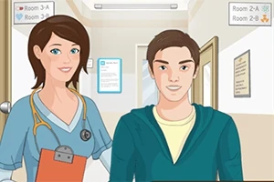 Một y tá đứng cạnh một người đàn ông trẻ tuổi trong hành lang bệnh viện với các biển chỉ dẫn phòng