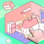 Bên trong một căn phòng nhỏ màu hồng, có một bàn tay kéo một miếng đồ nội thất hình con mèo giữa các món nội thất khác cũng có hình con mèo, với tủ, giường và cây cảnh xung quanh
