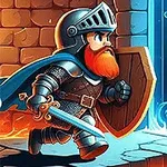 Hiệp sĩ mặc giáp sắt với râu đỏ, cầm kiếm và khiên, chạy qua cánh cửa đá với lửa và ánh sáng xanh ở nền
