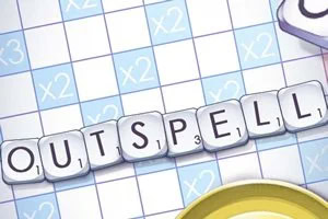 Các chữ cái ghép thành từ OUTSPELL trên nền ô vuông màu xanh trắng với ký hiệu x2