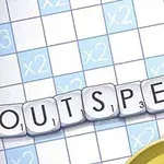 Các chữ cái ghép thành từ OUTSPELL trên nền ô vuông màu xanh trắng với ký hiệu x2
