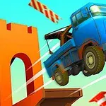 Xe tải xanh đang nhảy qua cầu chưa hoàn thành với các biển báo giao thông xung quanh