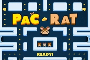 Chuột hoạt hình giữa màn hình trong mê cung với chữ PAC-RAT lớn phía trên