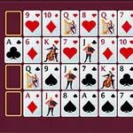 Hình ảnh gồm nhiều lá bài được sắp xếp theo hàng và cột trên nền màu đỏ tía