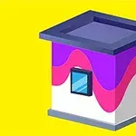 Tòa nhà nhỏ hình hộp, màu tím và trắng với mái xanh đậm và cửa sổ màu xanh trên nền vàng