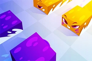 Các khối màu vàng và tím với gương mặt biểu cảm trên nền ô vuông