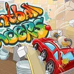 Hình ảnh có chữ graffiti đầy màu sắc và một chiếc ô tô đồ chơi màu đỏ với con gà cao su trên mui xe nằm trong nhà bếp lộn xộn