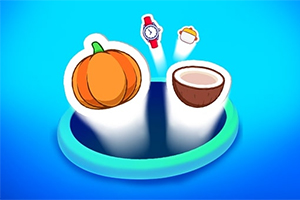 Quả bí ngô, quả dừa, đồng hồ đeo tay, và hộp cupcake nổi bật trên nền xanh