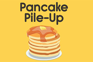 Hình ảnh một chồng bánh pancake với bơ và siro trên nền vàng, kèm chữ Pancake Pile-Up